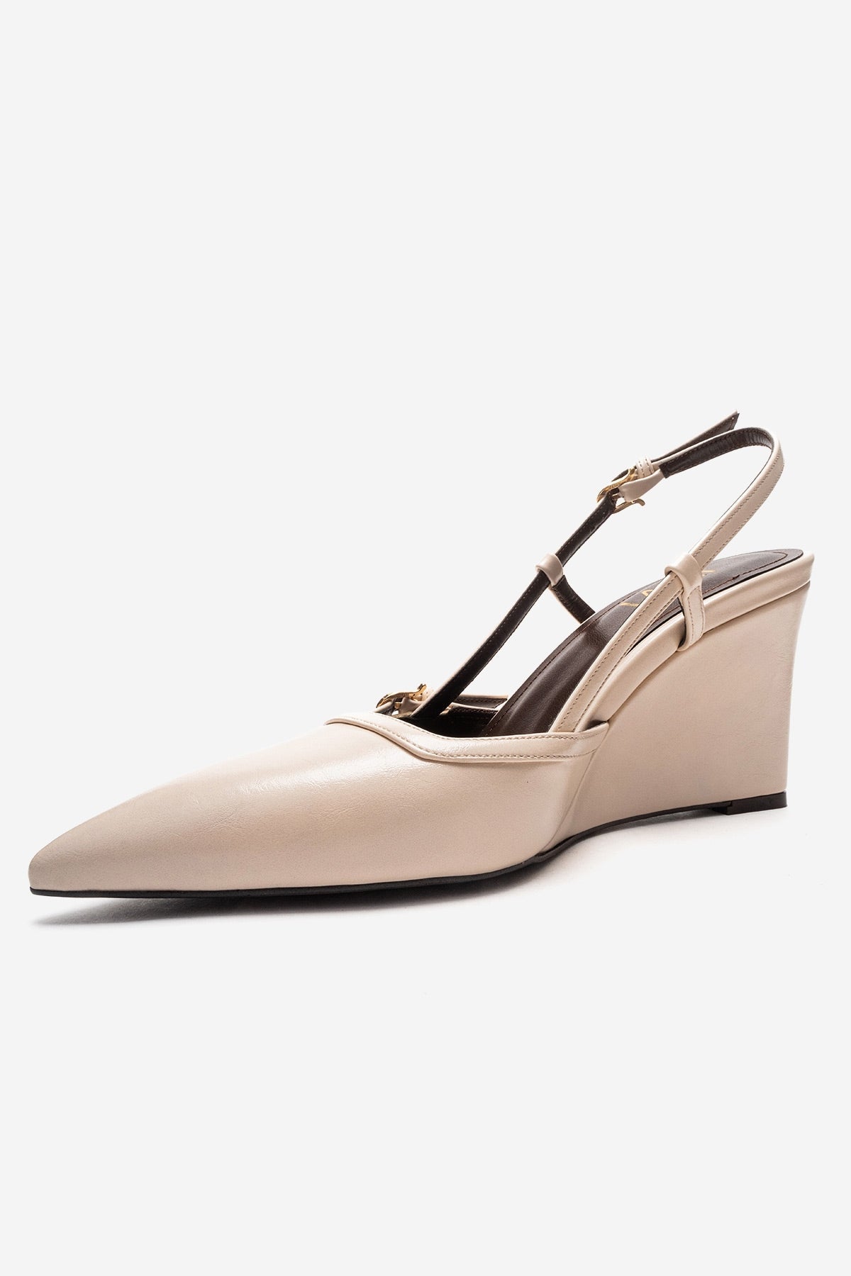 CELIA - Off-White Genuine Leather Pointed Toe Wedge Heel Shoe – top view showing leather, white, Vowalisse