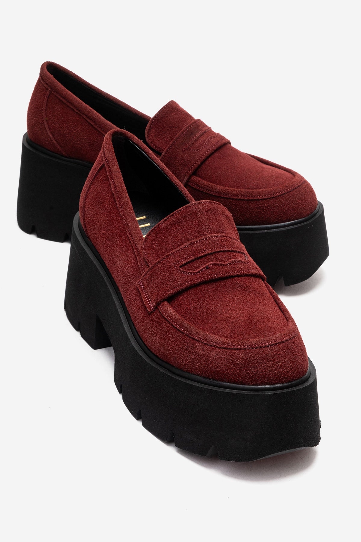 SANTIA - Burgundy Genuine Leather Chunky Platform Loafer – front three-quarter view showing leather, Vowalisse