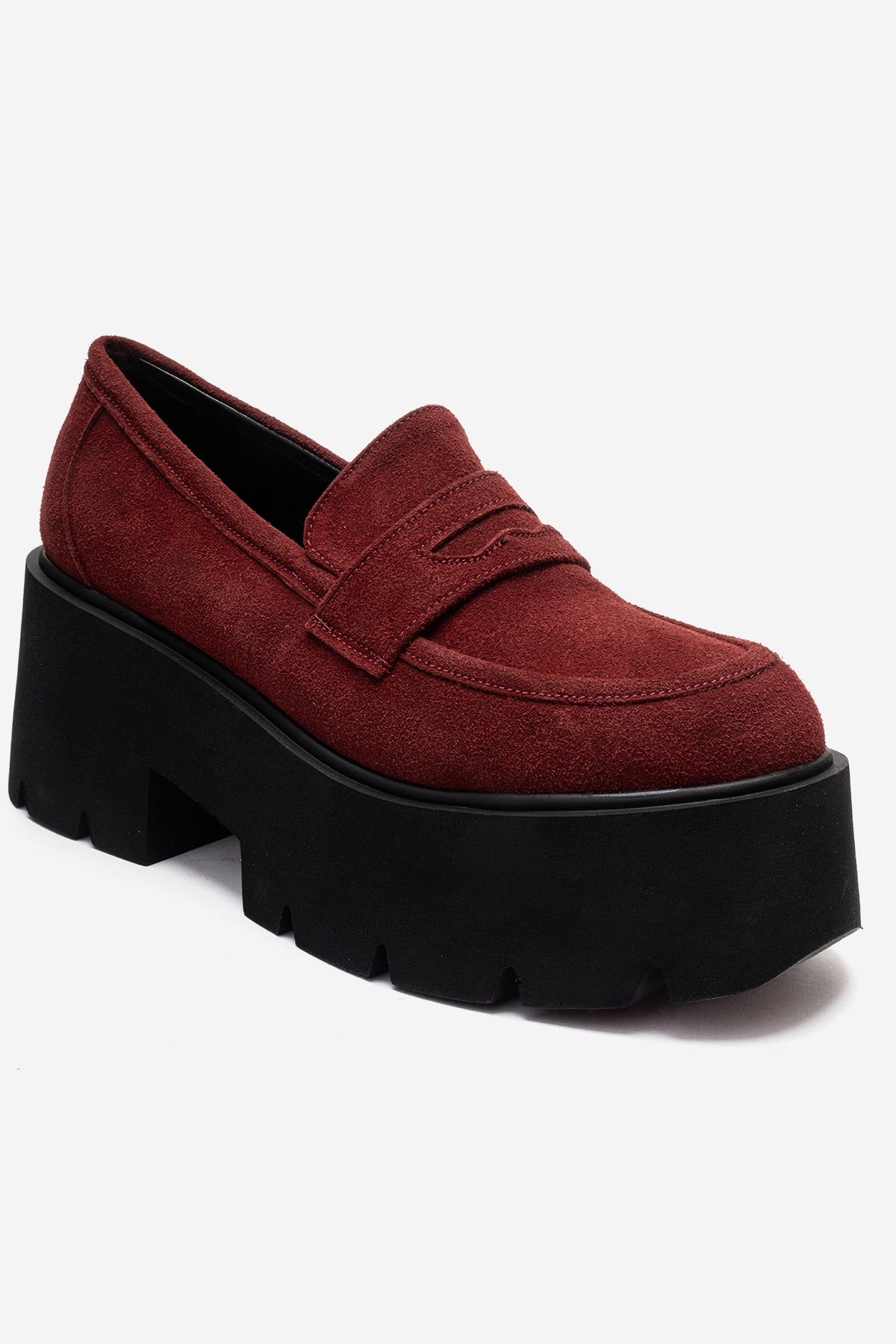 SANTIA - Burgundy Genuine Leather Chunky Platform Loafer – detail view showing leather, Vowalisse