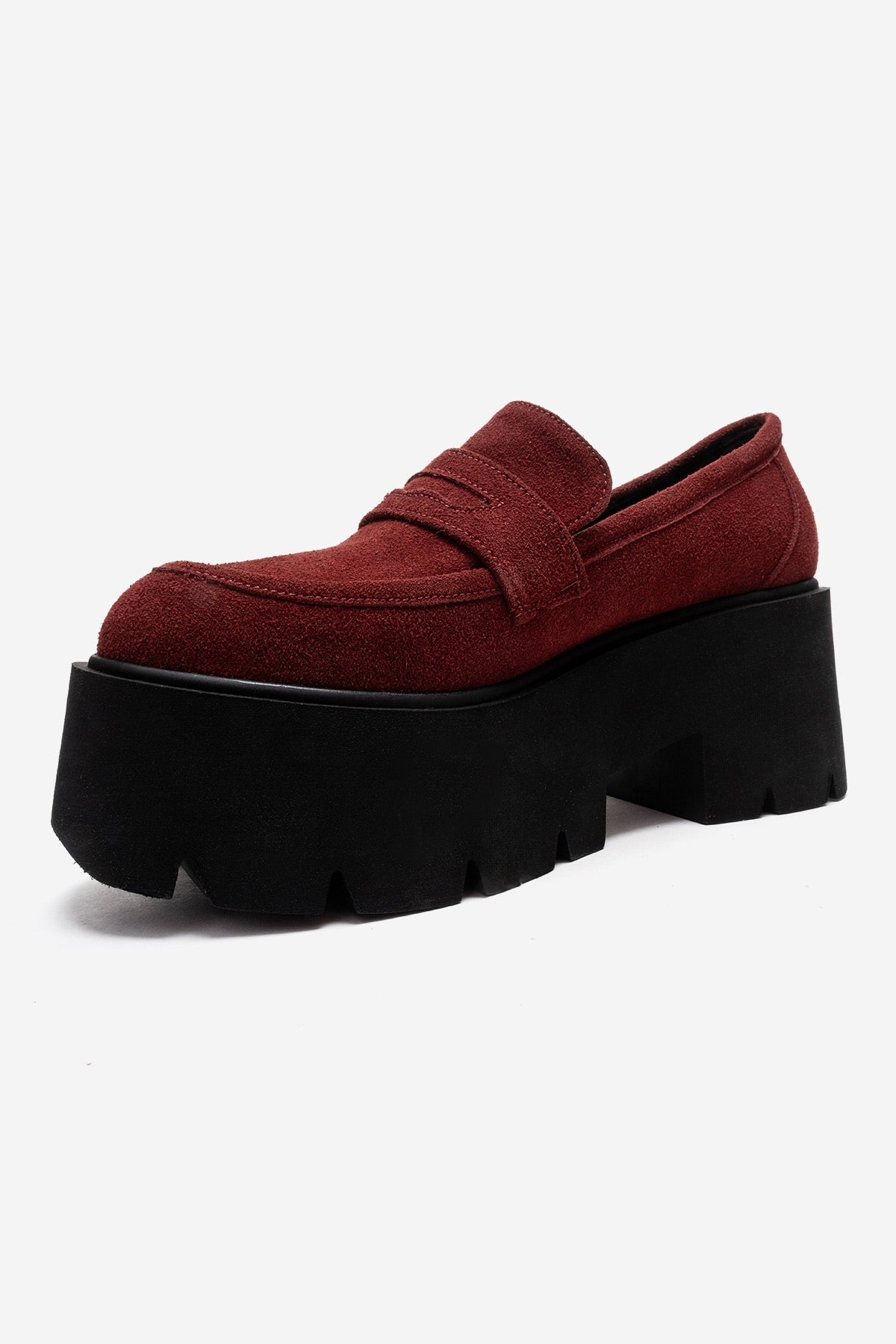 SANTIA - Burgundy Genuine Leather Chunky Platform Loafer – top view showing leather, Vowalisse