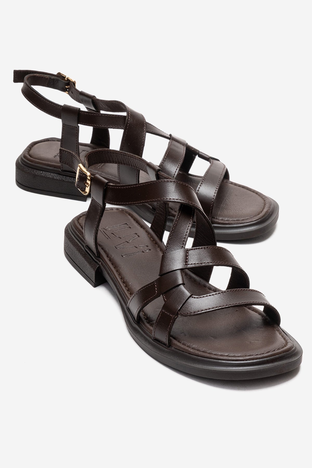 Laveda - Brown Genuine Leather Sandal – front three-quarter view showing leather, Vowalisse
