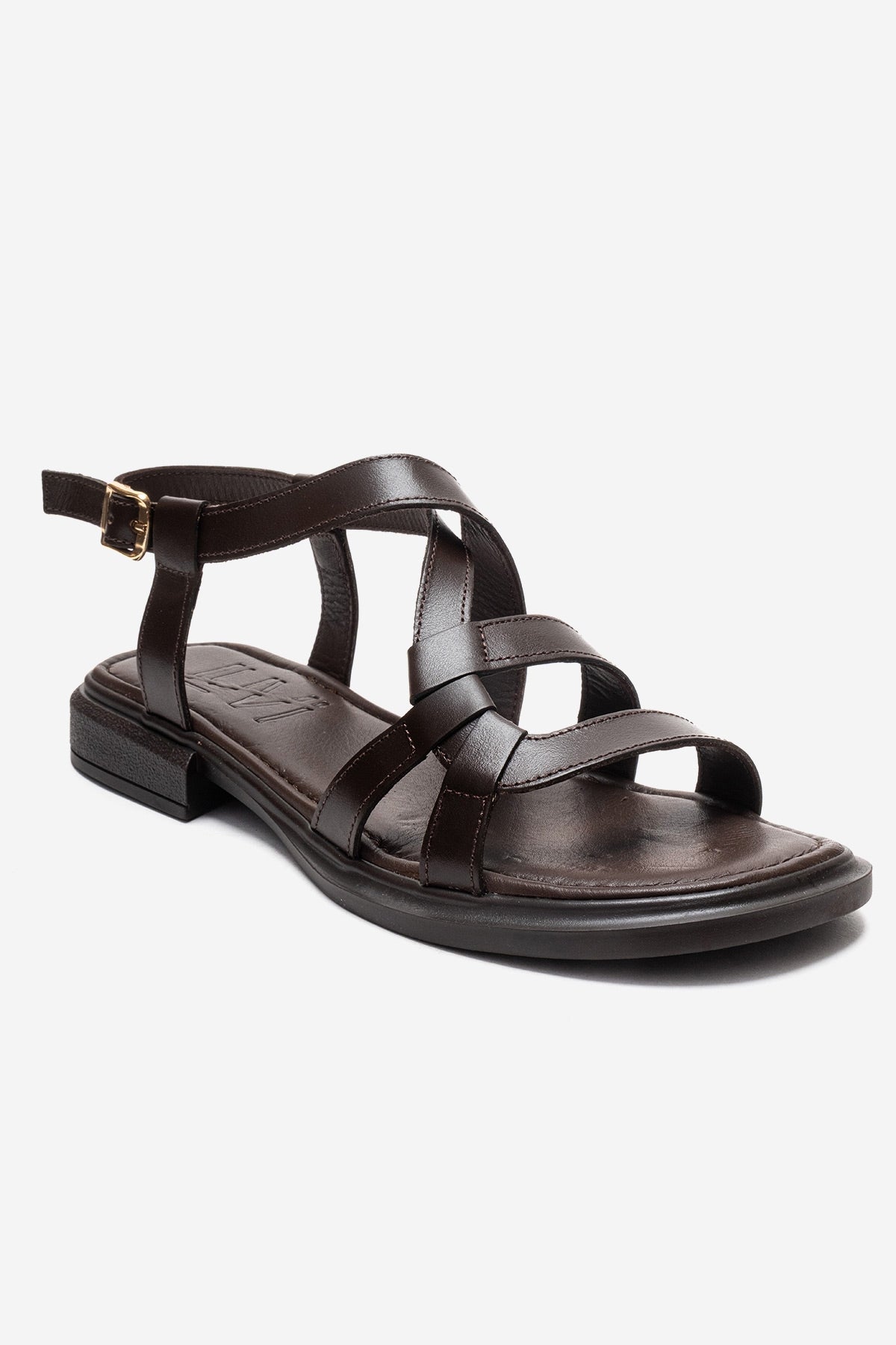 Laveda - Brown Genuine Leather Sandal – detail view showing leather, Vowalisse