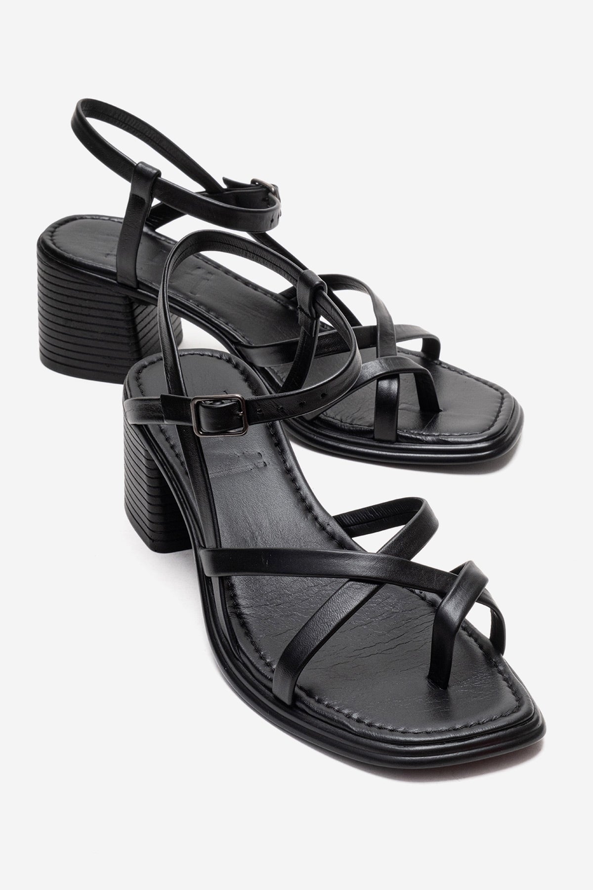 Lavish - Black Genuine Leather Block Heel Sandal – front three-quarter view showing leather, black, Vowalisse