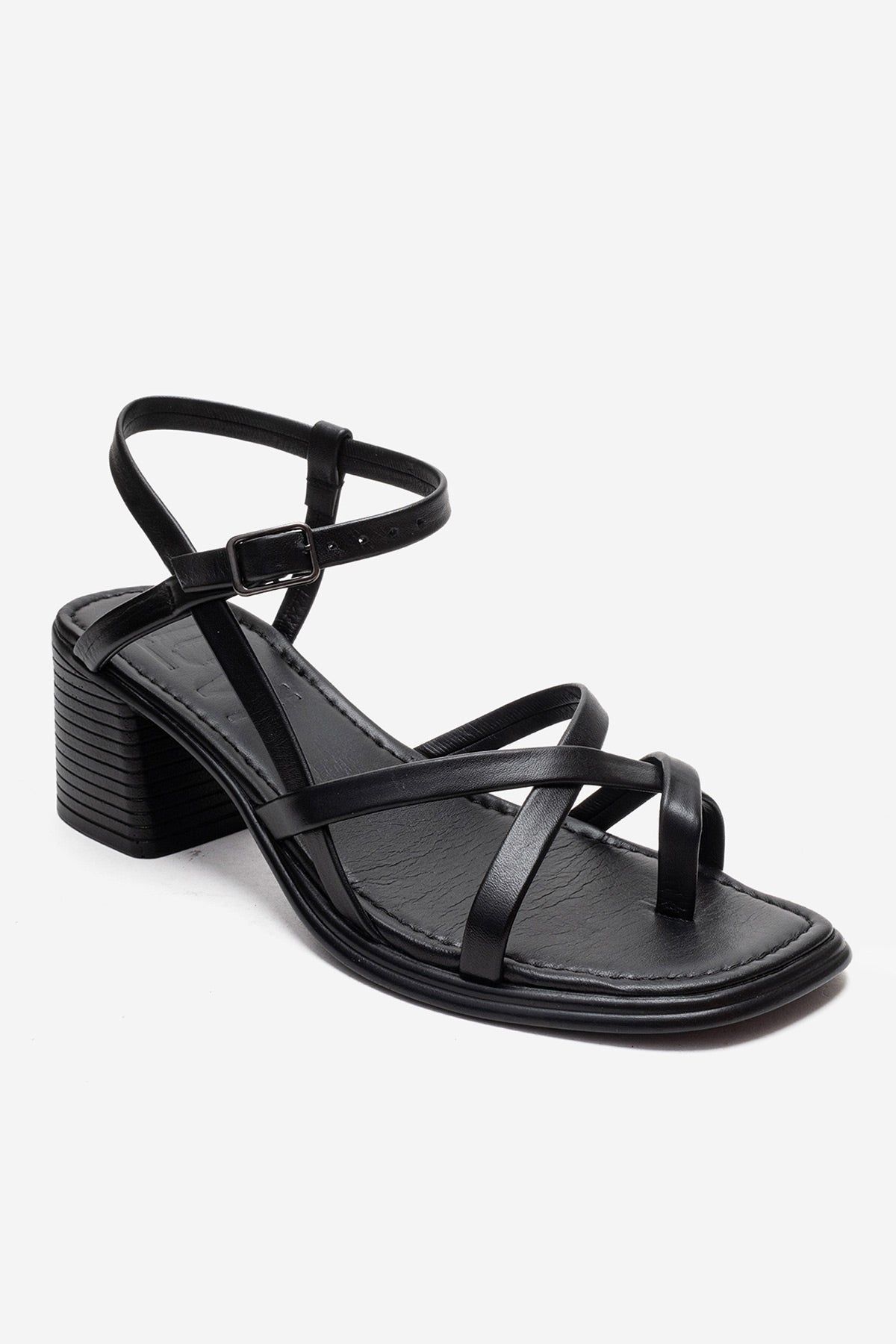 Lavish - Black Genuine Leather Block Heel Sandal – detail view showing leather, black, Vowalisse