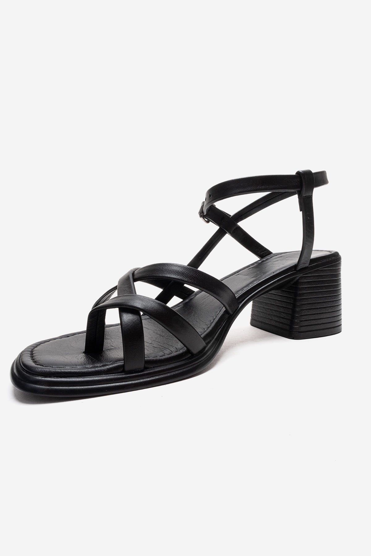 Lavish - Black Genuine Leather Block Heel Sandal – top view showing leather, black, Vowalisse