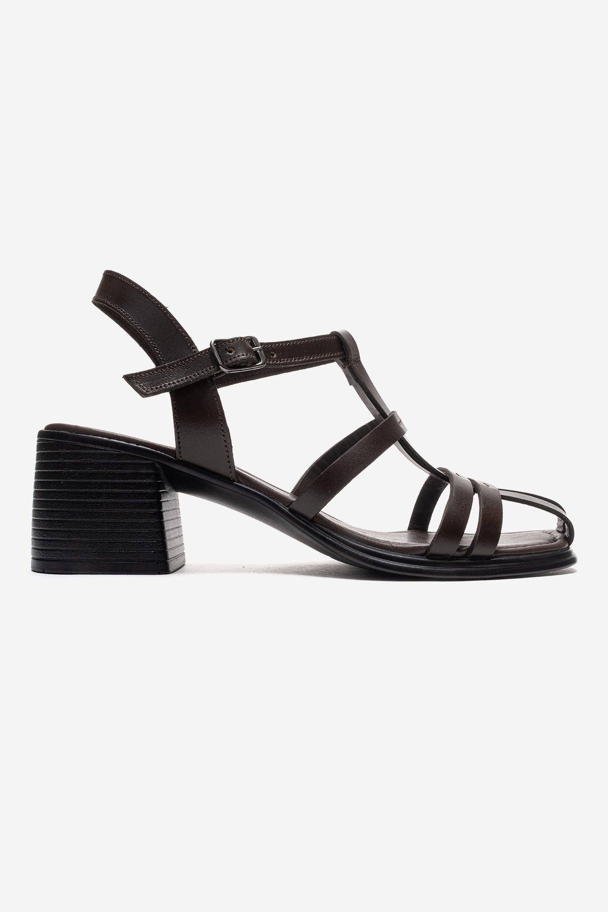 Cielos - Brown Genuine Leather Block Heel Sandal – heel view showing leather, Vowalisse
