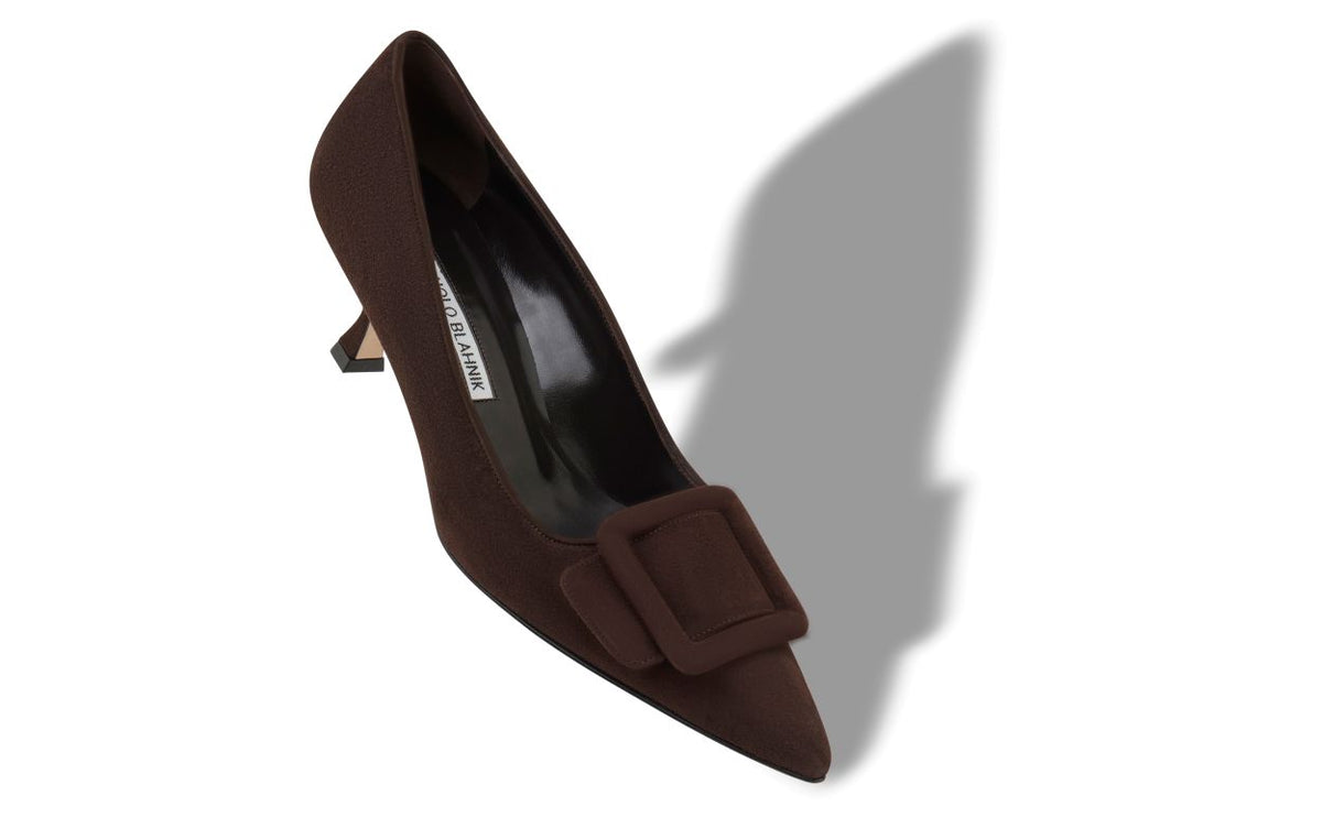 Leonora Dawn Brown Pointed Toe Pumps – front three-quarter view showing brown pointed toe, suede, Vowalisse