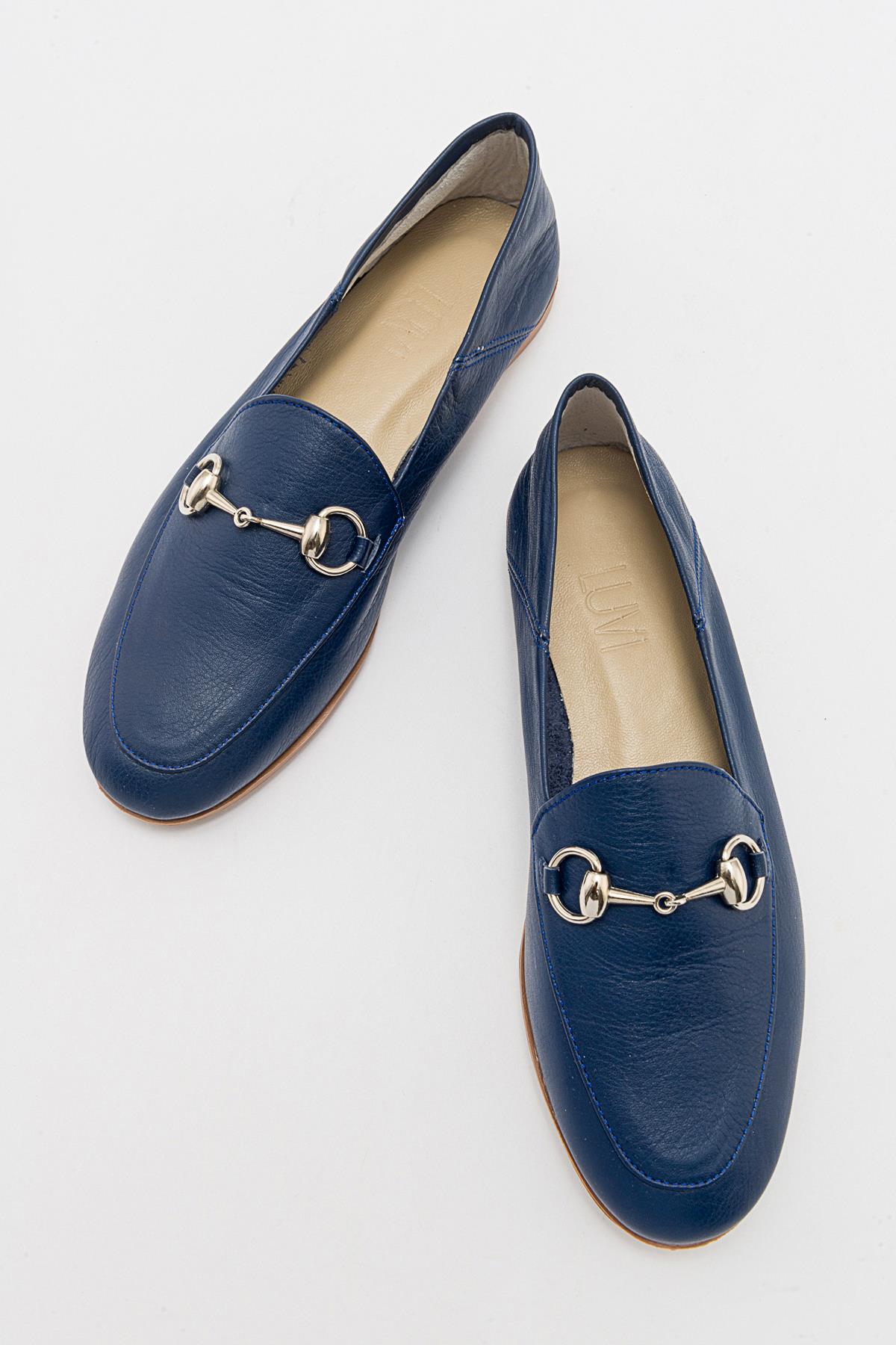 Penny - Navy Blue Leather Horsebit Loafers – side view showing leather, suede, blue, Vowalisse