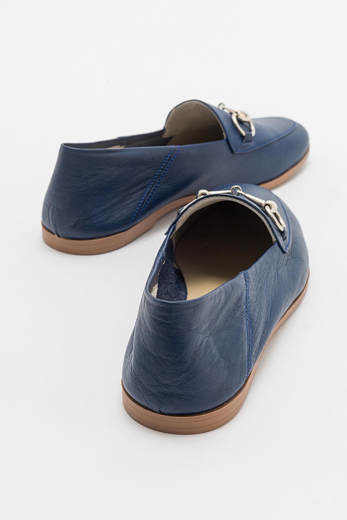 Penny - Navy Blue Leather Horsebit Loafers – heel view showing leather, suede, blue, Vowalisse