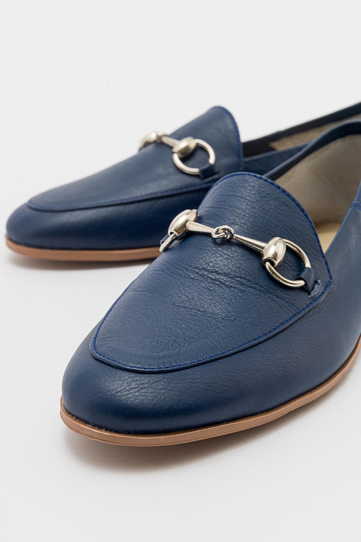 Penny - Navy Blue Leather Horsebit Loafers – back view showing leather, suede, blue, Vowalisse