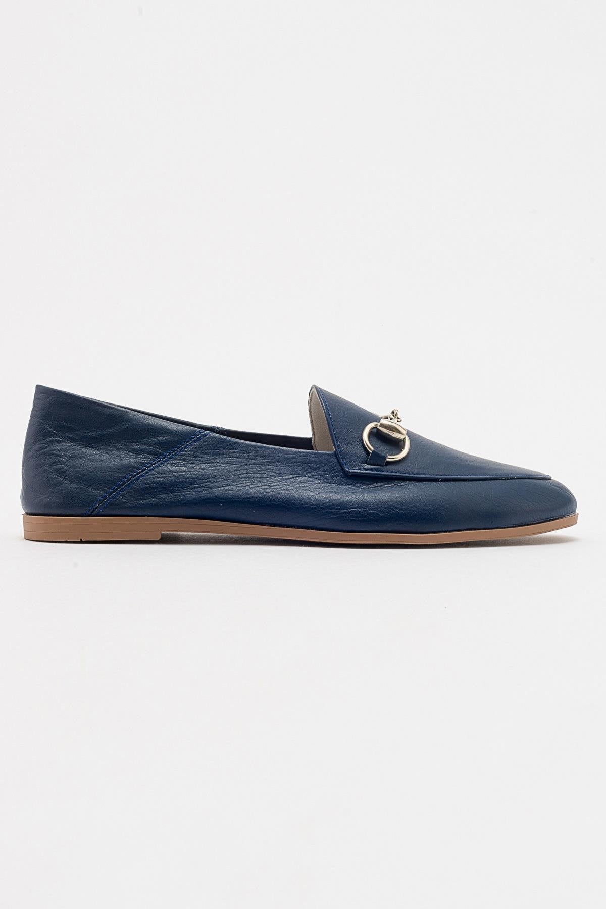 Penny - Navy Blue Leather Horsebit Loafers – top view showing leather, suede, blue, Vowalisse