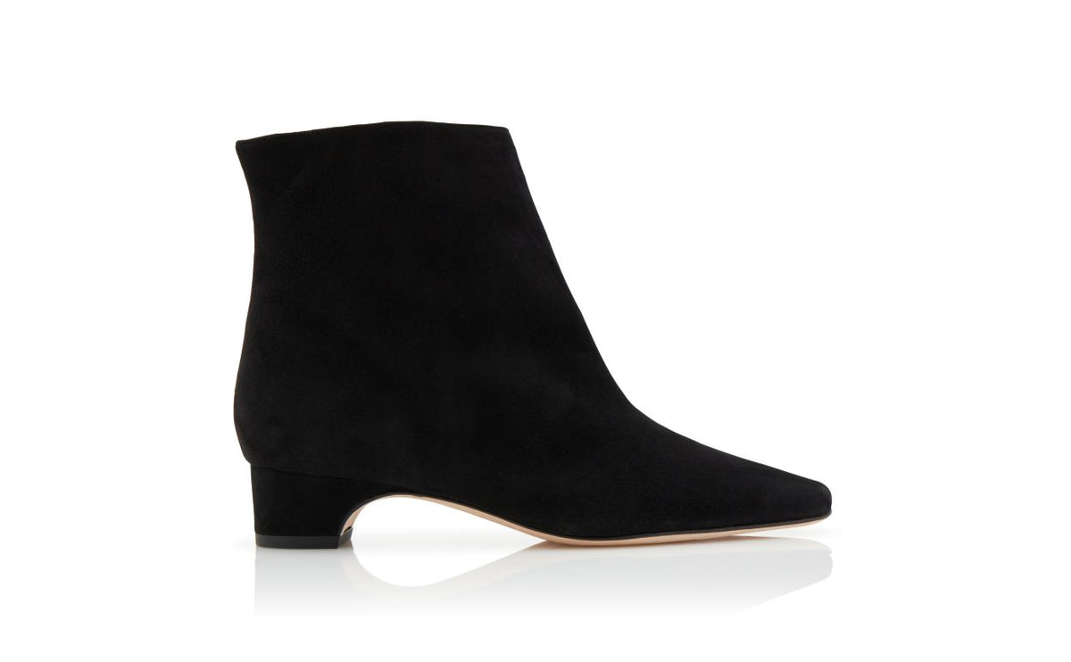 Magnolia Jewel Black Almond Toe Ankle Boots – side profile showing black almond toe, suede, Vowalisse