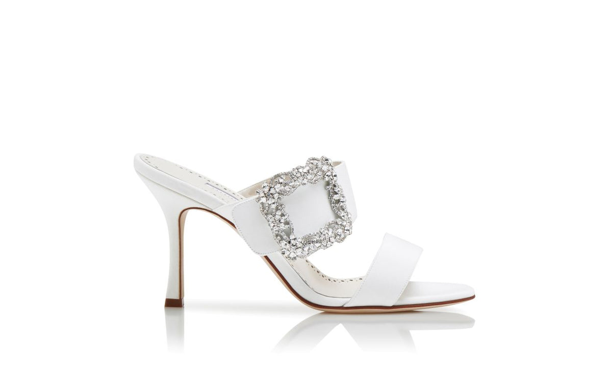 Arabella Flame White Jewel Buckle Mules – side profile showing white jewel buckle, crystal buckle, open toe, Vowalisse