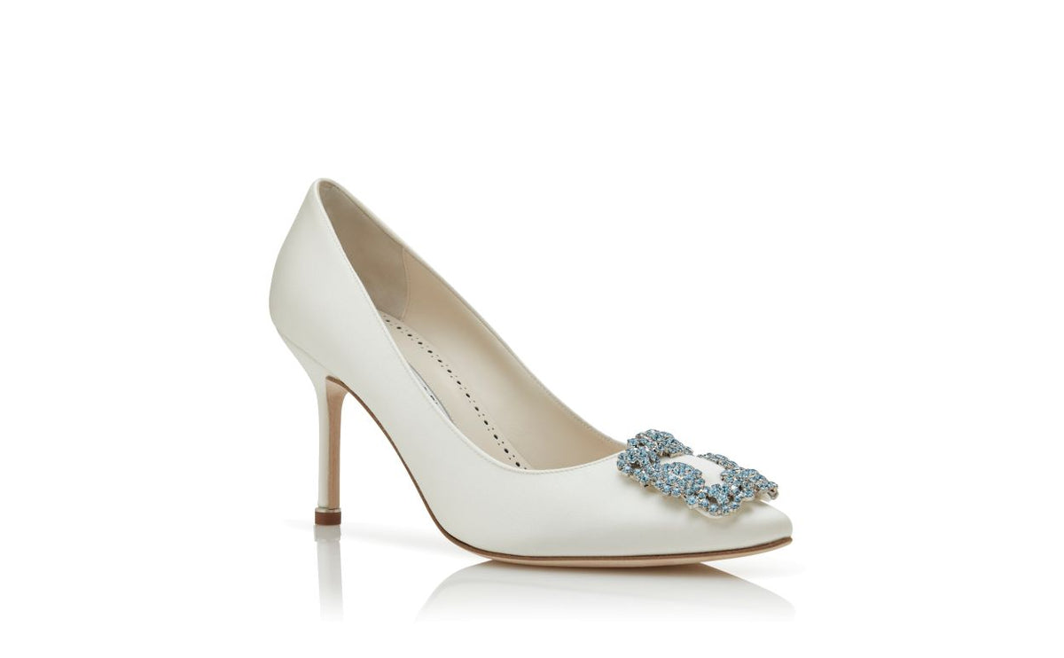 Ophelia Crown White Jewel Buckle Pumps – top view showing white jewel buckle, crystal buckle, almond toe, satin, Vowalisse