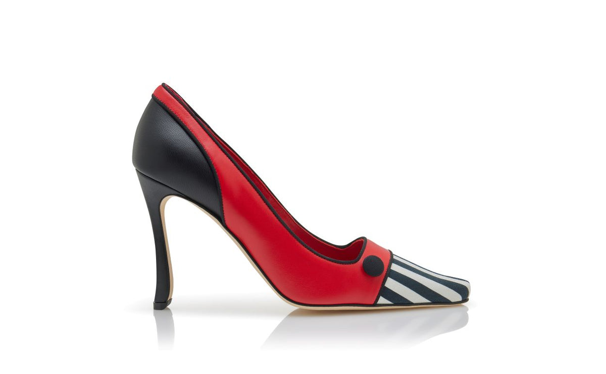 Noelle Pearl Red Button Detail Pumps – side profile showing red button detail, almond toe, nappa leather, Vowalisse