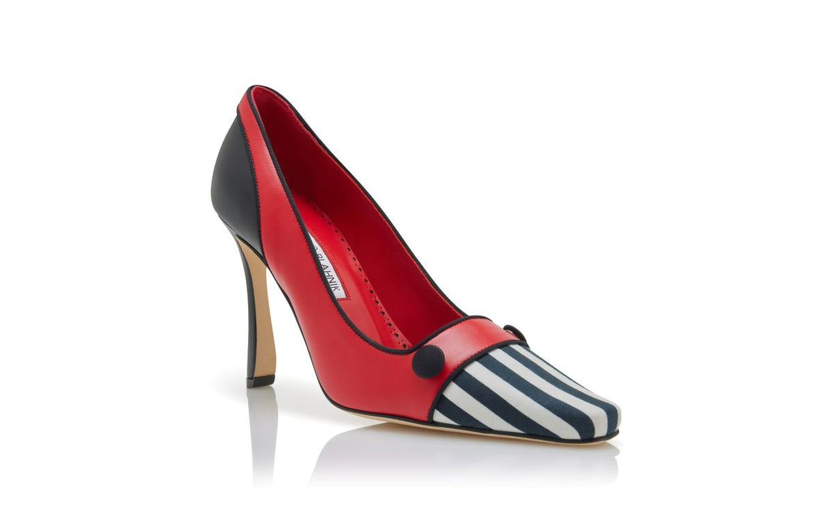 Noelle Pearl Red Button Detail Pumps – top view showing red button detail, almond toe, nappa leather, Vowalisse