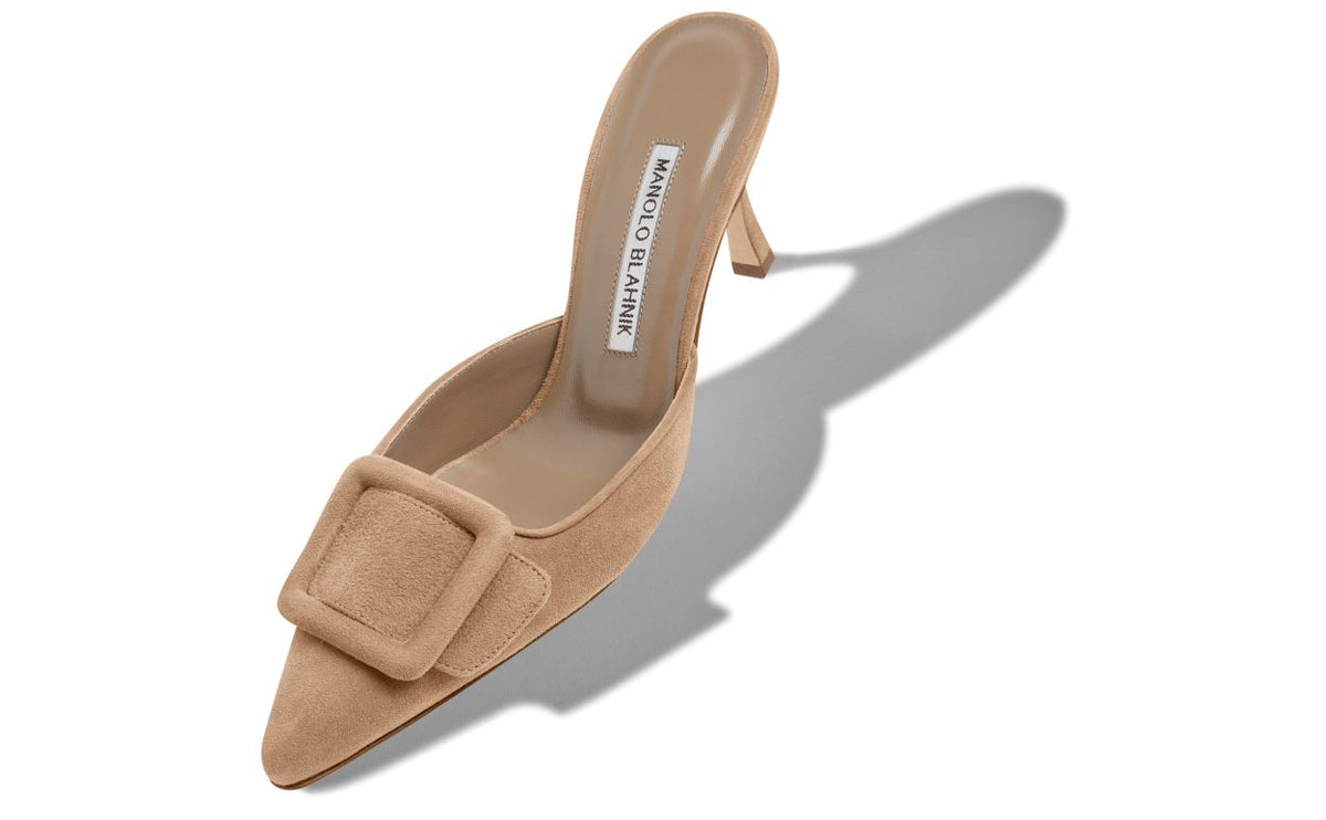Arabella Halo Neutral Suede Mules – front three-quarter view showing neutral suede, Vowalisse