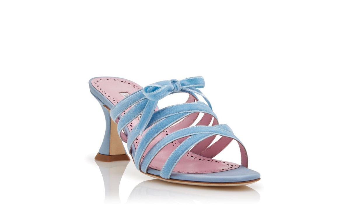 Cressida Muse Blue Bow Detail Mules – top view showing blue bow detail, open toe, velvet, Vowalisse