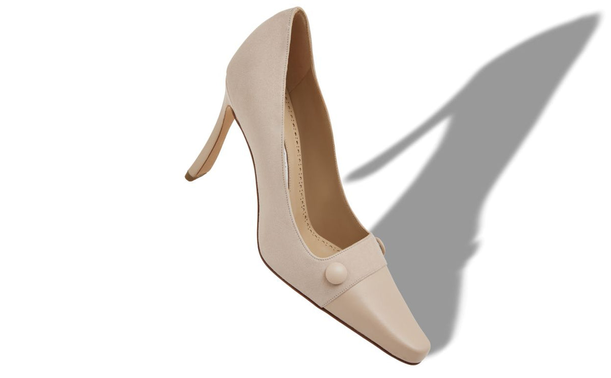 Vivienne Muse Neutral Button Detail Pumps – front three-quarter view showing neutral button detail, almond toe, suede, nappa…