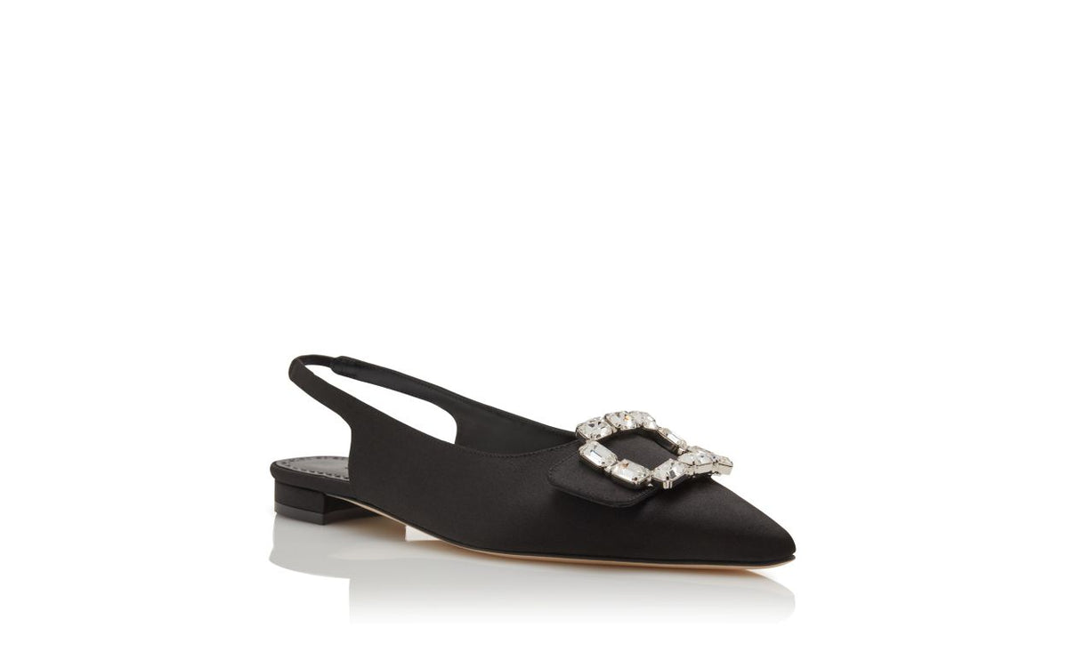 Arabella Muse Black Crystal Buckle Slingbacks – top view showing black crystal buckle, slingback, pointed toe, satin…