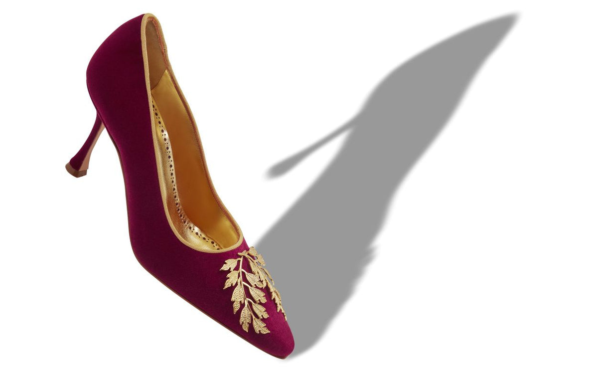 Leonora Jewel Red Almond Toe Pumps – front three-quarter view showing red almond toe, velvet, Vowalisse