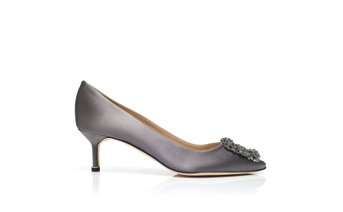 Isadora Élan Grey Jewel Buckle Pumps – side profile showing grey jewel buckle, crystal buckle, almond toe, satin, Vowalisse