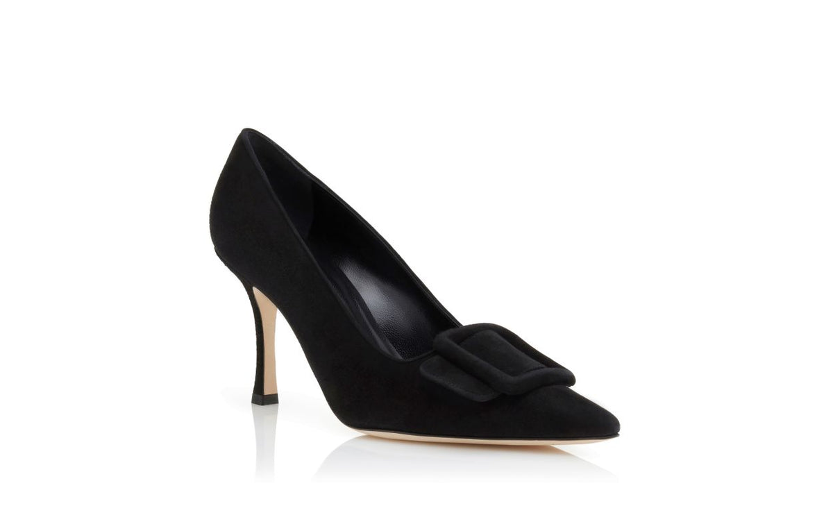 Camellia Dream Black Pointed Toe Pumps – top view showing black pointed toe, suede, Vowalisse