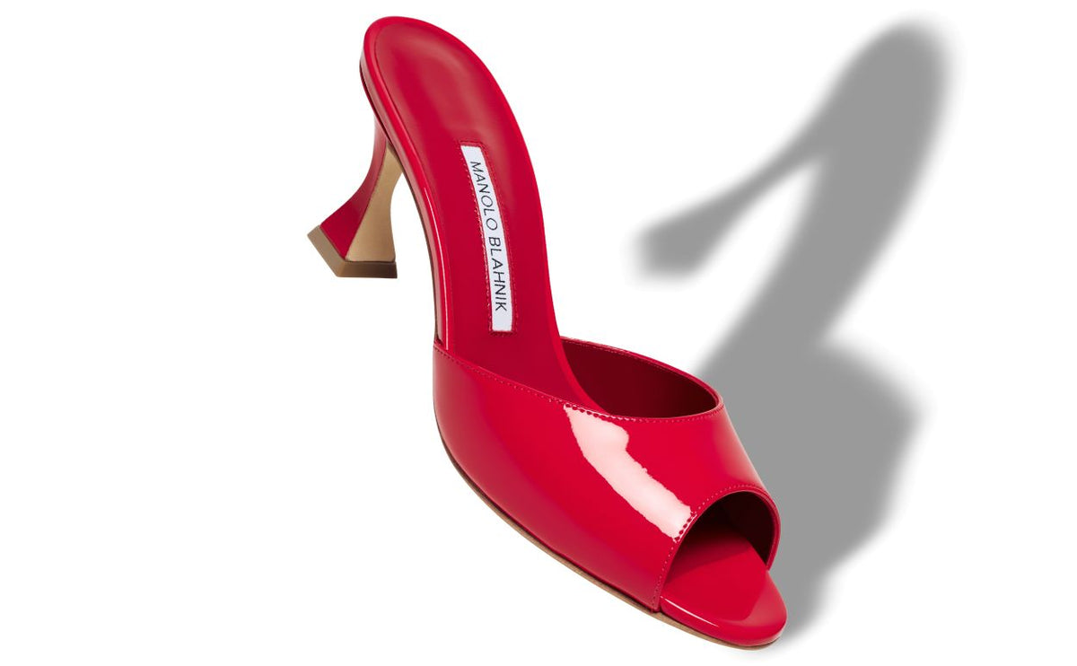 Colette Star Red Open Toe Mules – front three-quarter view showing red open toe, patent leather, Vowalisse