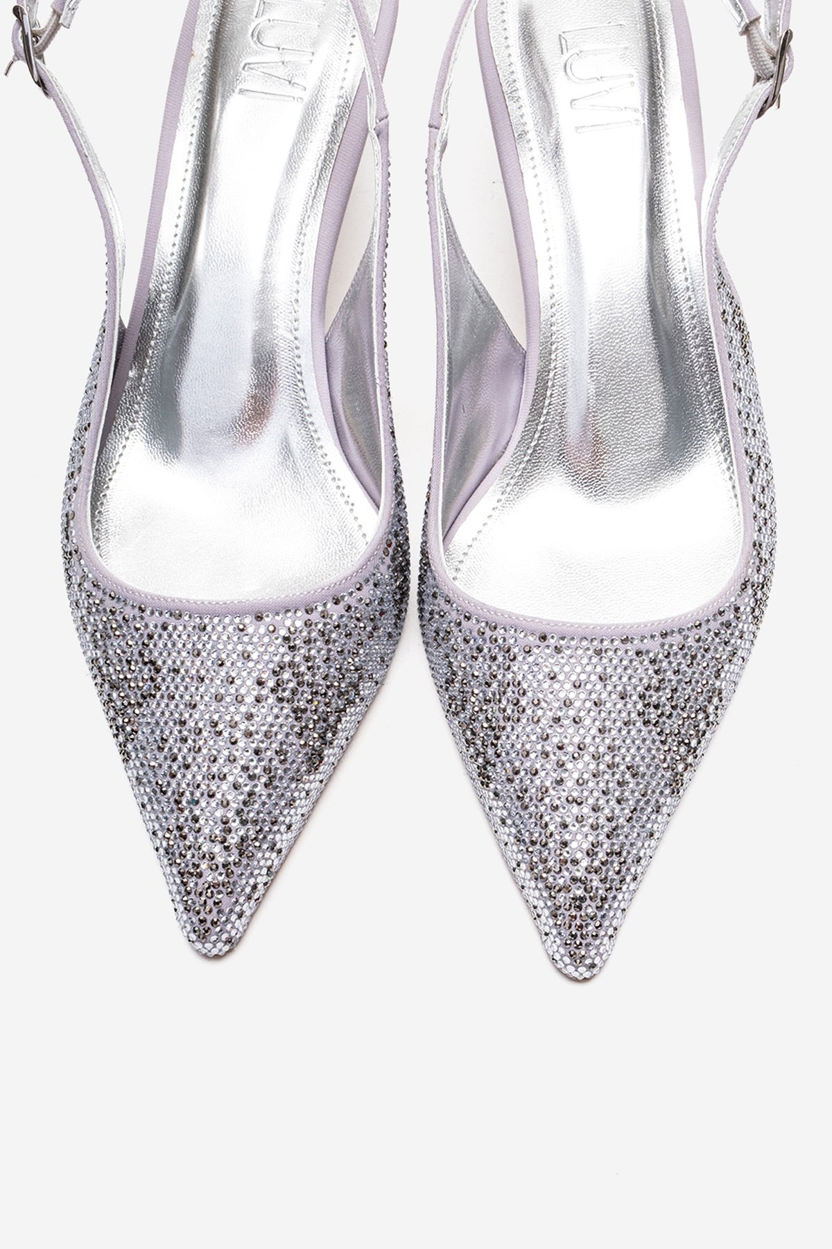 NELLA - Silver Jeweled Slingback Stiletto Pump – side view showing leather, silver, Vowalisse