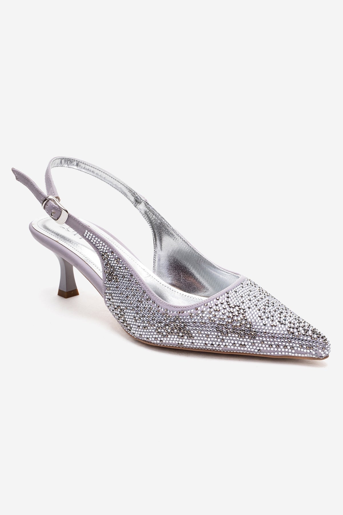 NELLA - Silver Jeweled Slingback Stiletto Pump – detail view showing leather, silver, Vowalisse
