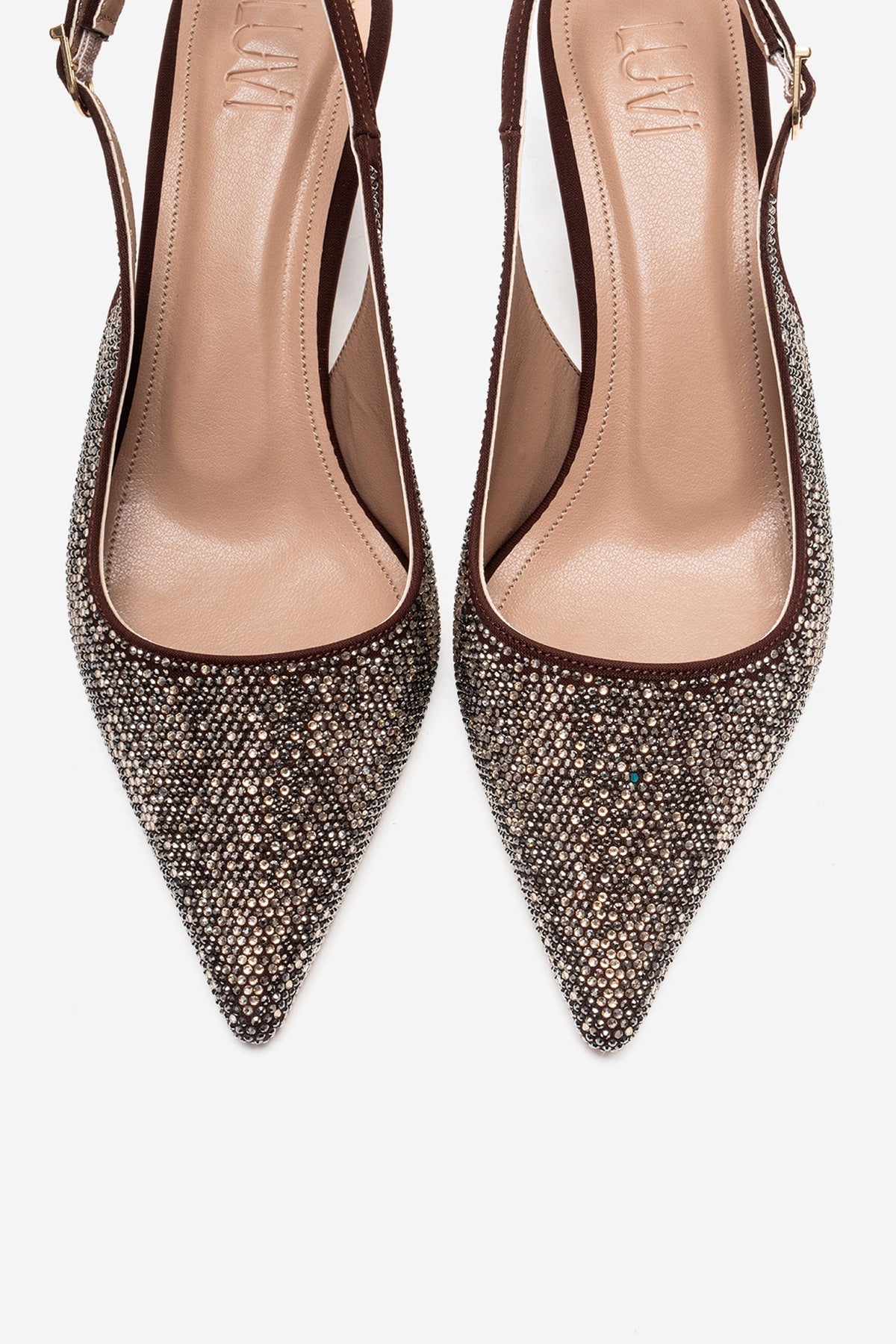 NELLA - Brown Gold Jeweled Slingback Stiletto Pump – side view showing leather, gold, Vowalisse