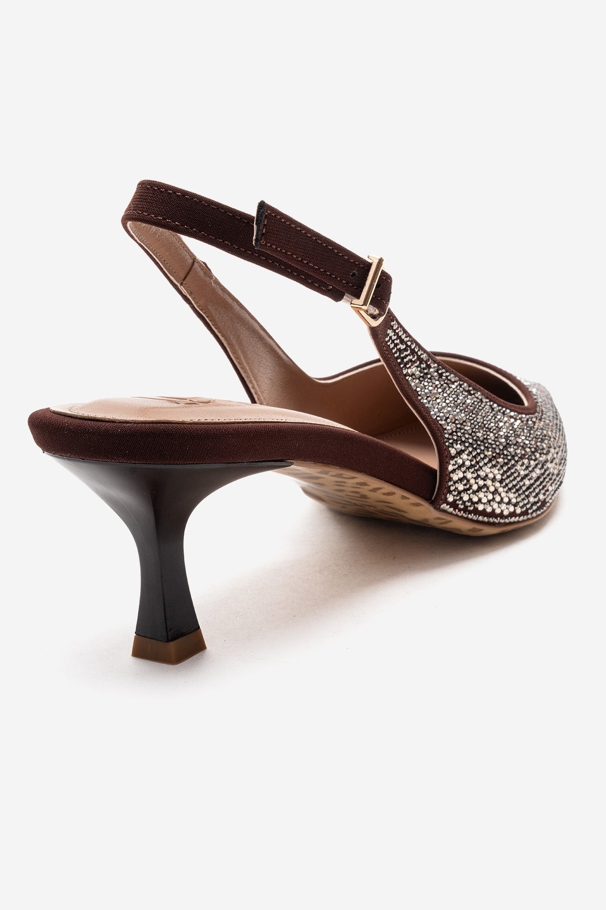 NELLA - Brown Gold Jeweled Slingback Stiletto Pump – back view showing leather, gold, Vowalisse