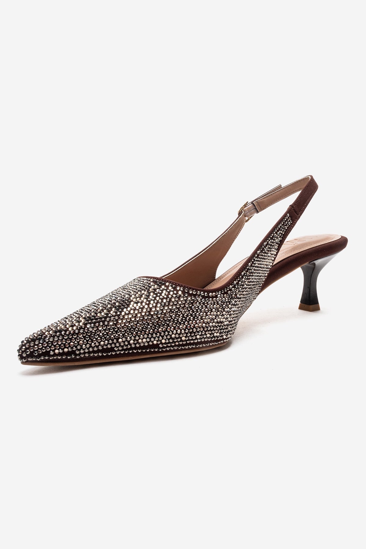 NELLA - Brown Gold Jeweled Slingback Stiletto Pump – top view showing leather, gold, Vowalisse