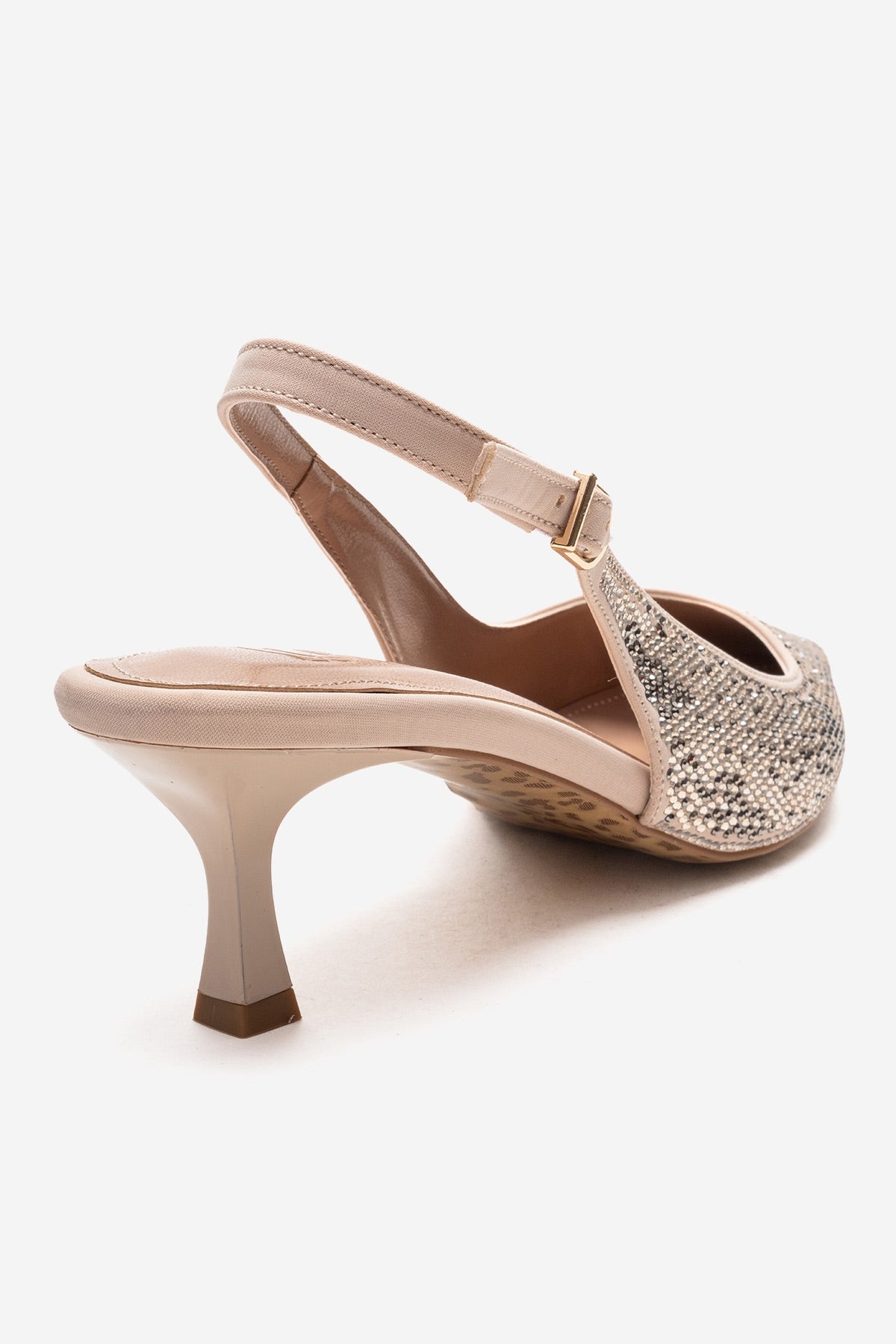 NELLA - Nude Gold Jeweled Slingback Stiletto Pump – back view showing leather, gold, nude, Vowalisse
