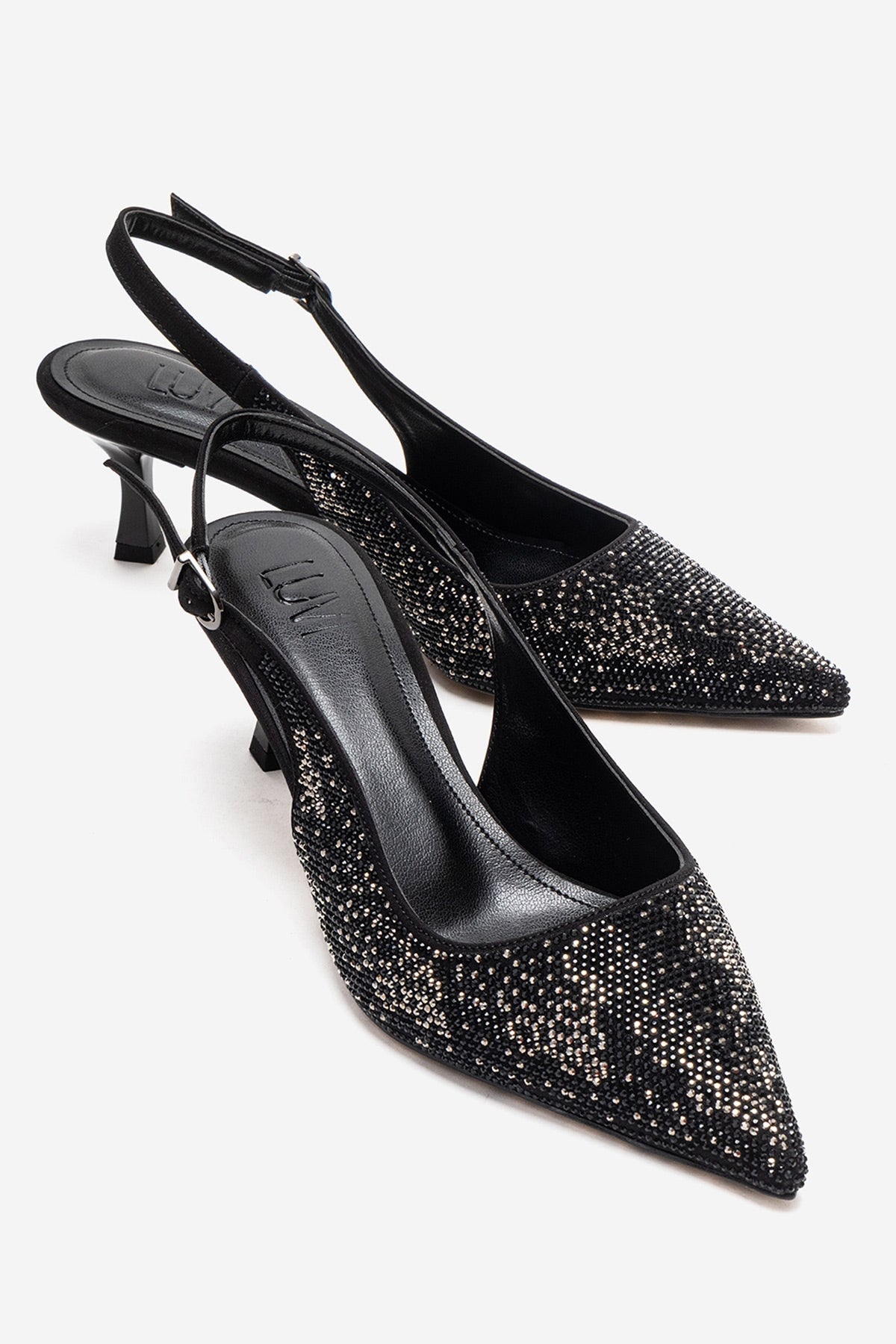 NELLA - Black Platinum Jeweled Slingback Stiletto Pump – front three-quarter view showing crystal, leather, black…