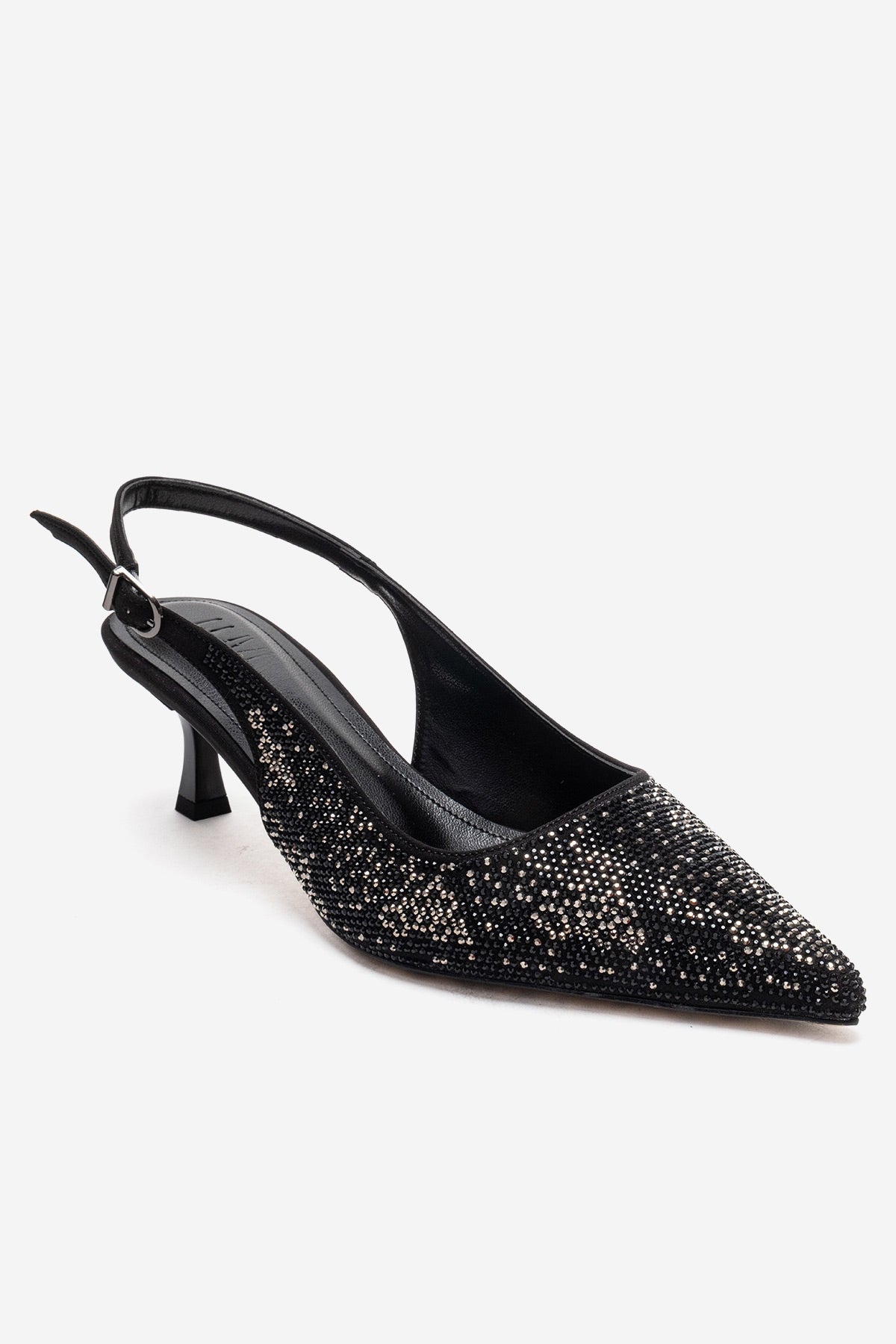 NELLA - Black Platinum Jeweled Slingback Stiletto Pump – detail view showing crystal, leather, black, Vowalisse