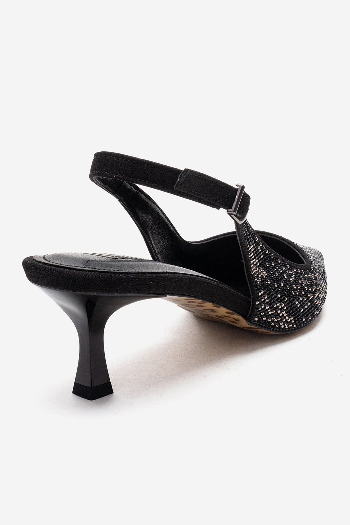 NELLA - Black Platinum Jeweled Slingback Stiletto Pump – back view showing crystal, leather, black, Vowalisse