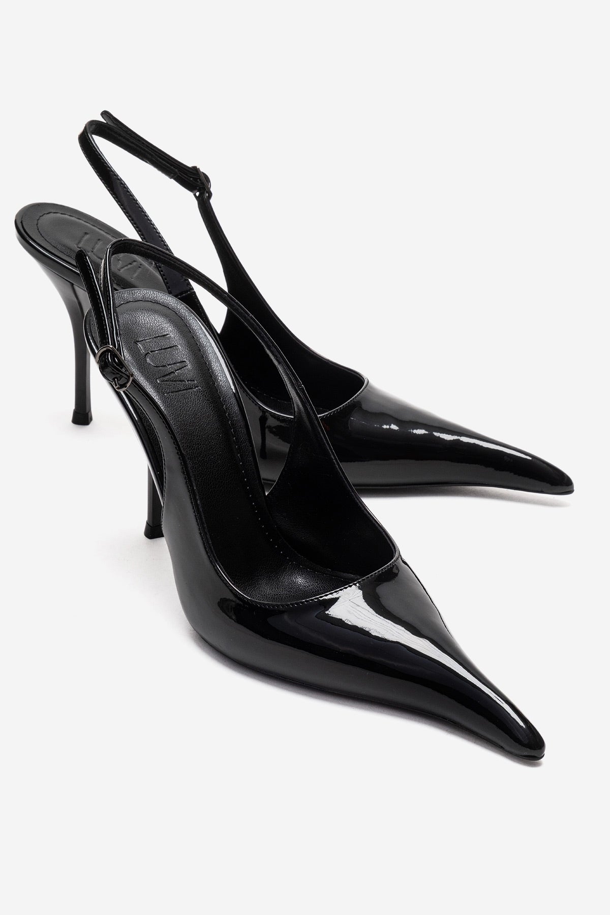 CANDY - Black Pointed Toe Slingback Stiletto Pump – front three-quarter view showing leather, black, Vowalisse