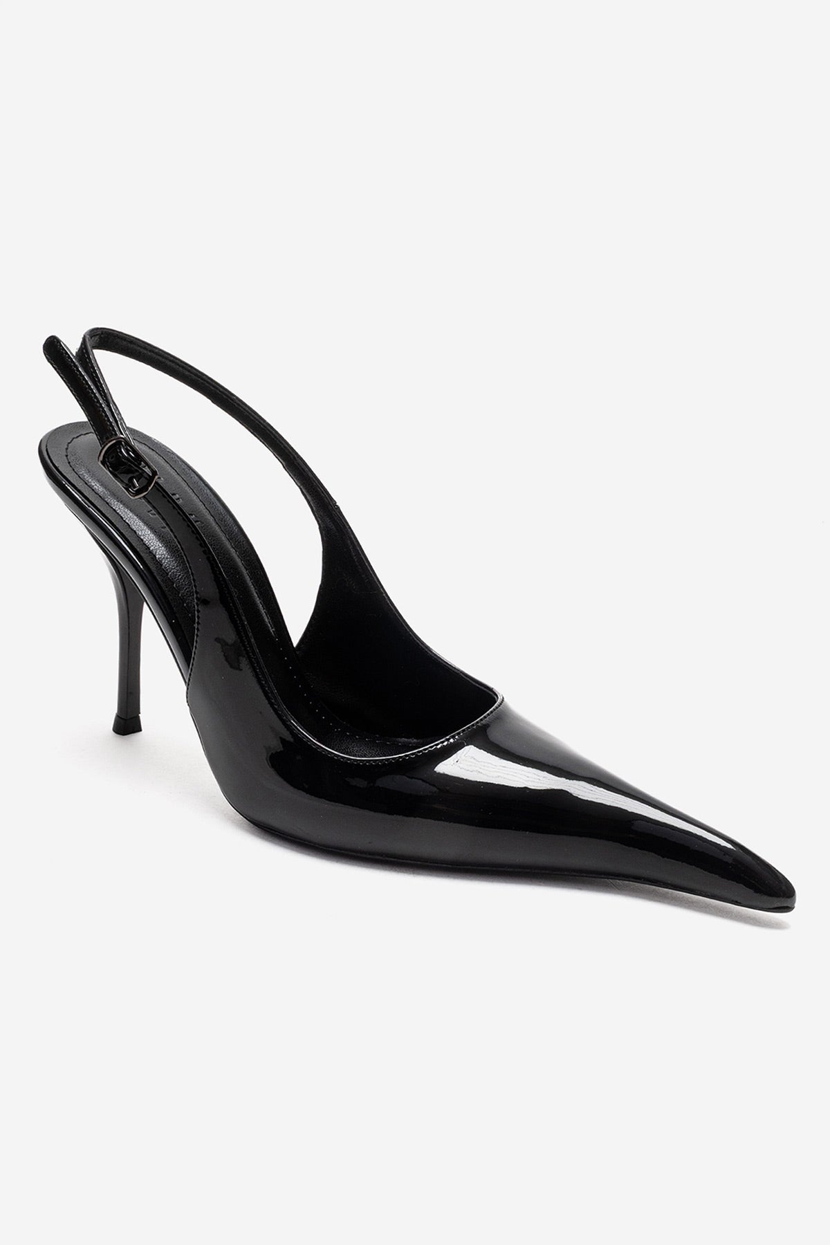 CANDY - Black Pointed Toe Slingback Stiletto Pump – detail view showing leather, black, Vowalisse