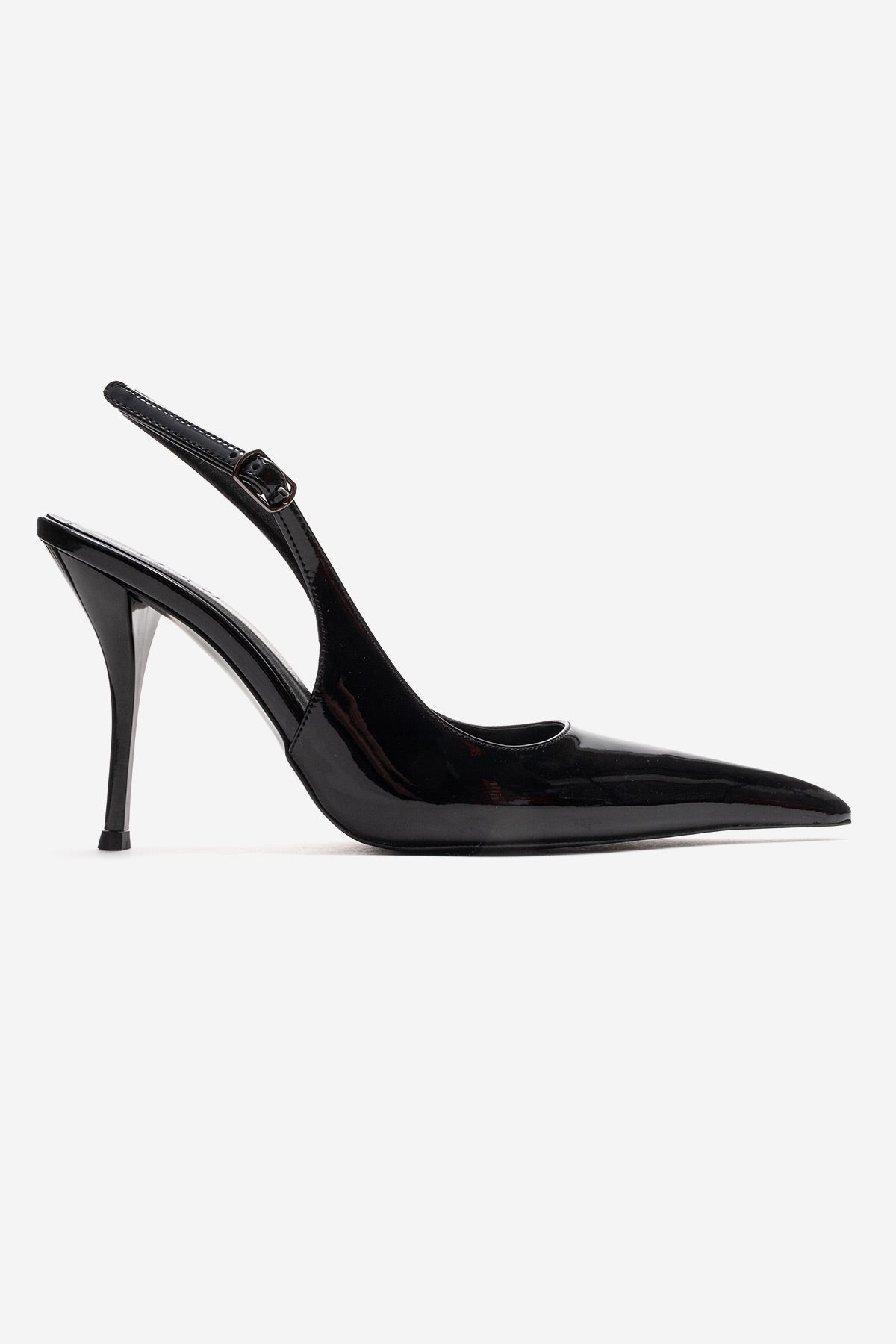 CANDY - Black Pointed Toe Slingback Stiletto Pump – heel view showing leather, black, Vowalisse