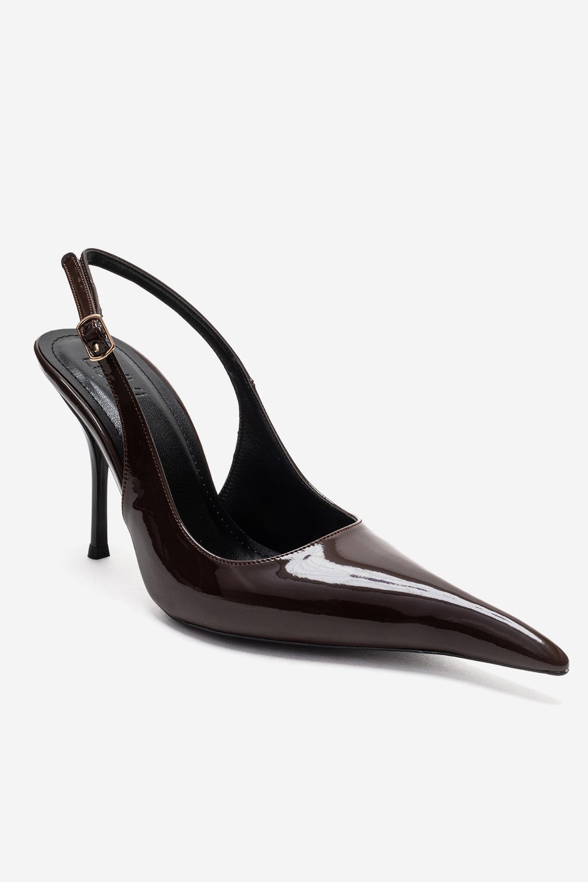 CANDY - Brown Genuine Leather Patent Pointed-Toe Stiletto Pump – detail view showing leather, Vowalisse