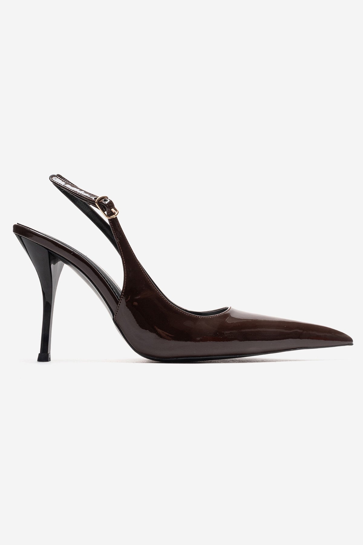 CANDY - Brown Genuine Leather Patent Pointed-Toe Stiletto Pump – heel view showing leather, Vowalisse