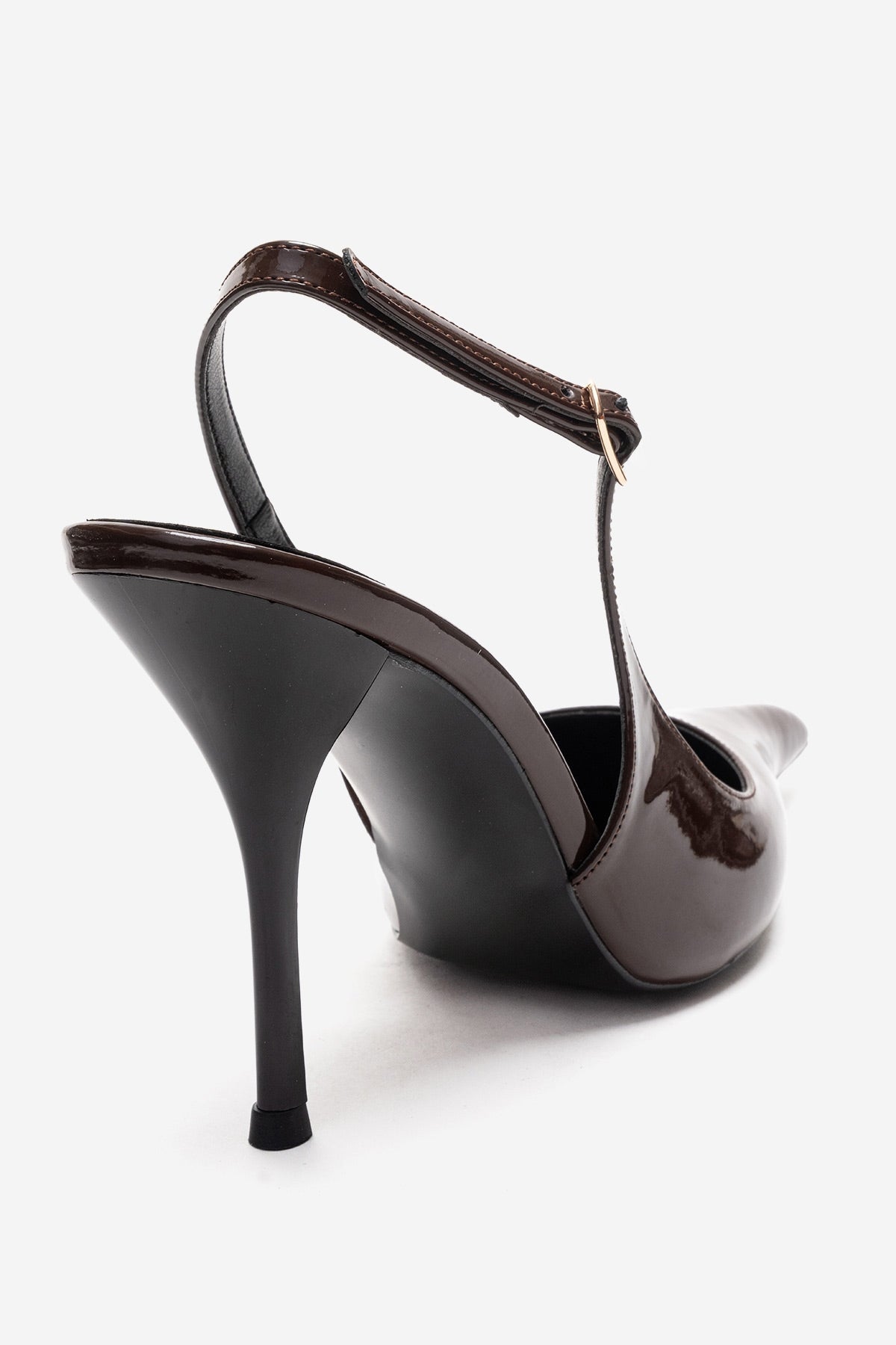 CANDY - Brown Genuine Leather Patent Pointed-Toe Stiletto Pump – back view showing leather, Vowalisse
