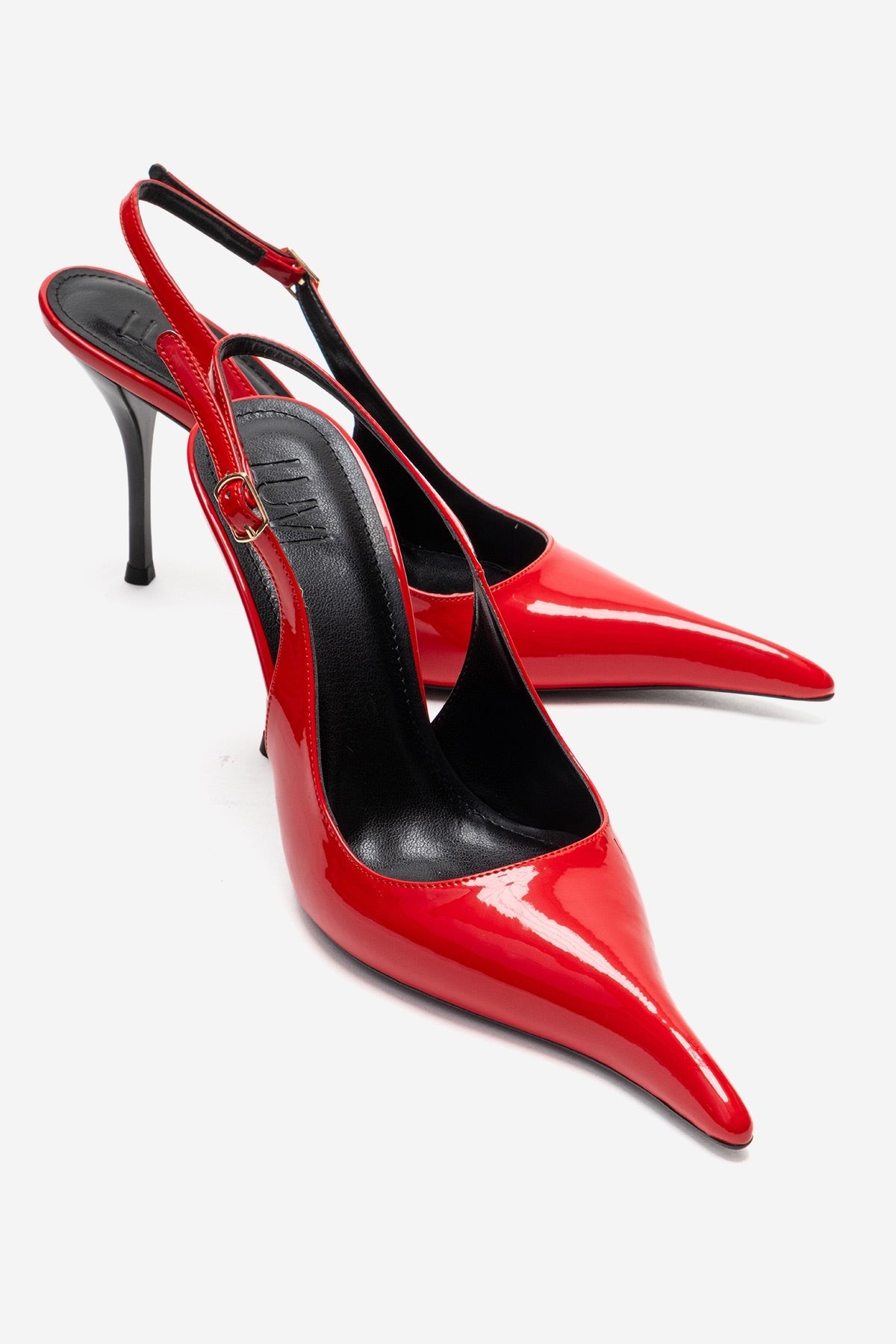 CANDY - Red Genuine Leather Patent Pointed-Toe Stiletto Pump – front three-quarter view showing leather, red, Vowalisse