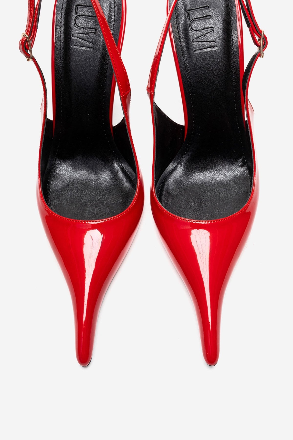 CANDY - Red Genuine Leather Patent Pointed-Toe Stiletto Pump – side view showing leather, red, Vowalisse