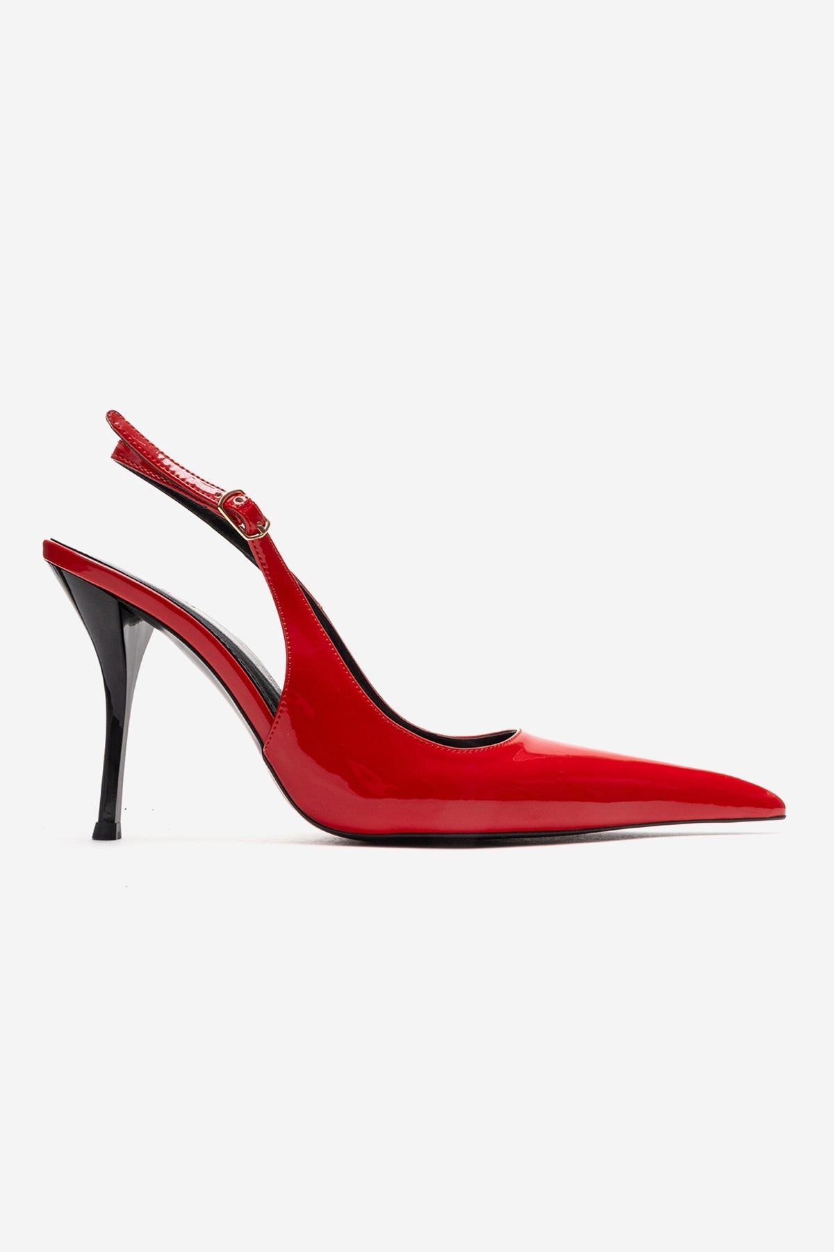 CANDY - Red Genuine Leather Patent Pointed-Toe Stiletto Pump – heel view showing leather, red, Vowalisse