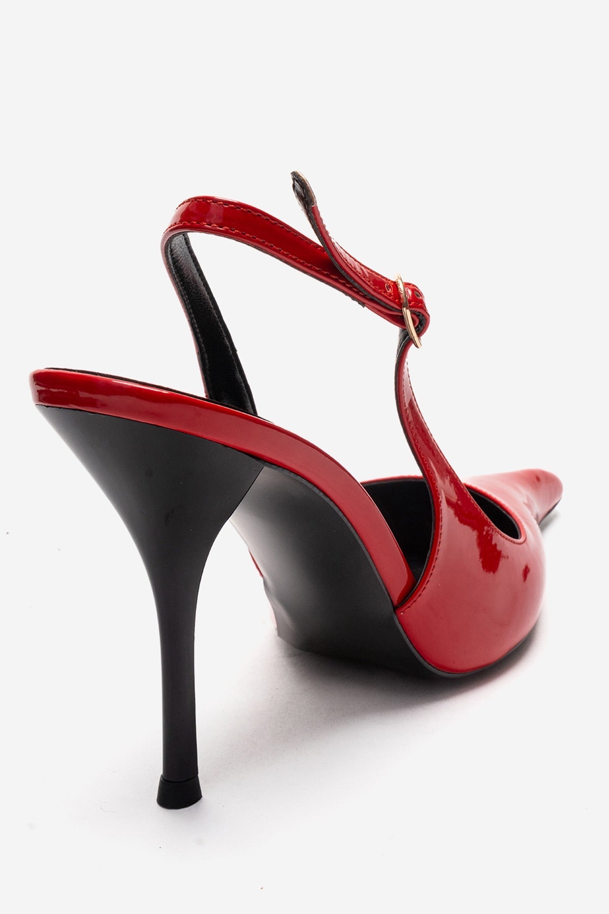 CANDY - Red Genuine Leather Patent Pointed-Toe Stiletto Pump – back view showing leather, red, Vowalisse