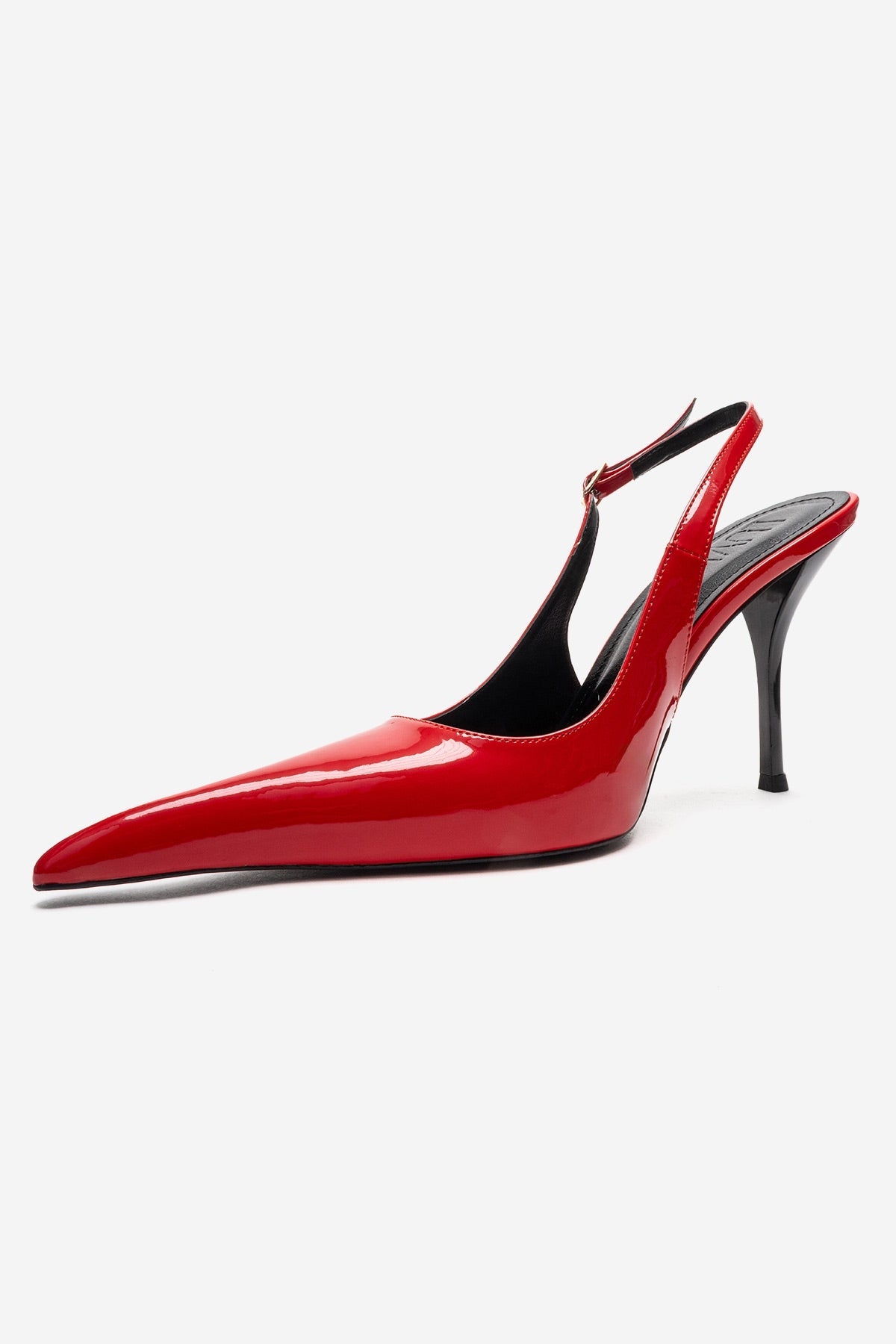CANDY - Red Genuine Leather Patent Pointed-Toe Stiletto Pump – top view showing leather, red, Vowalisse