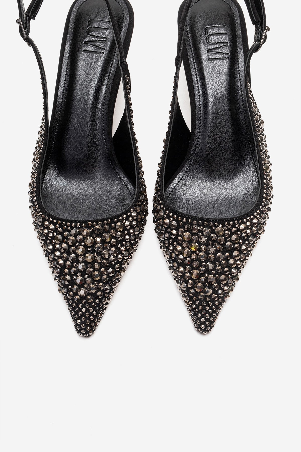 THEA - Black Genuine Leather Platinum-Crystal-Embellished Kitten Heel – side view showing crystal, leather, black…