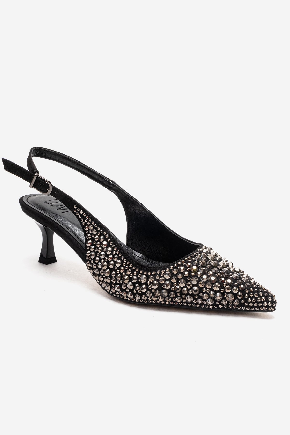 THEA - Black Genuine Leather Platinum-Crystal-Embellished Kitten Heel – detail view showing crystal, leather, black…